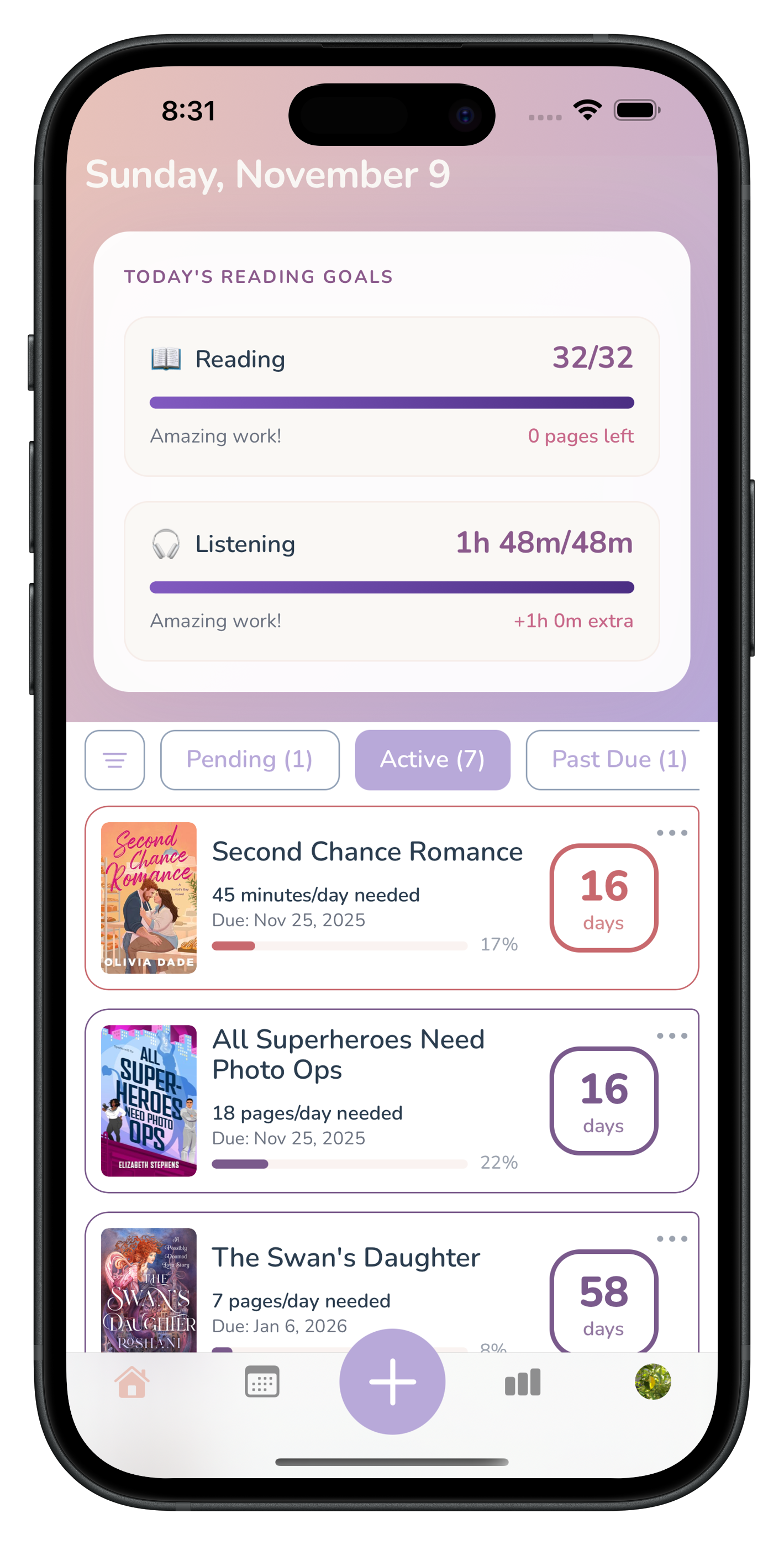 ShelfControl dashboard showing multiple ARCs with due dates and pages per day