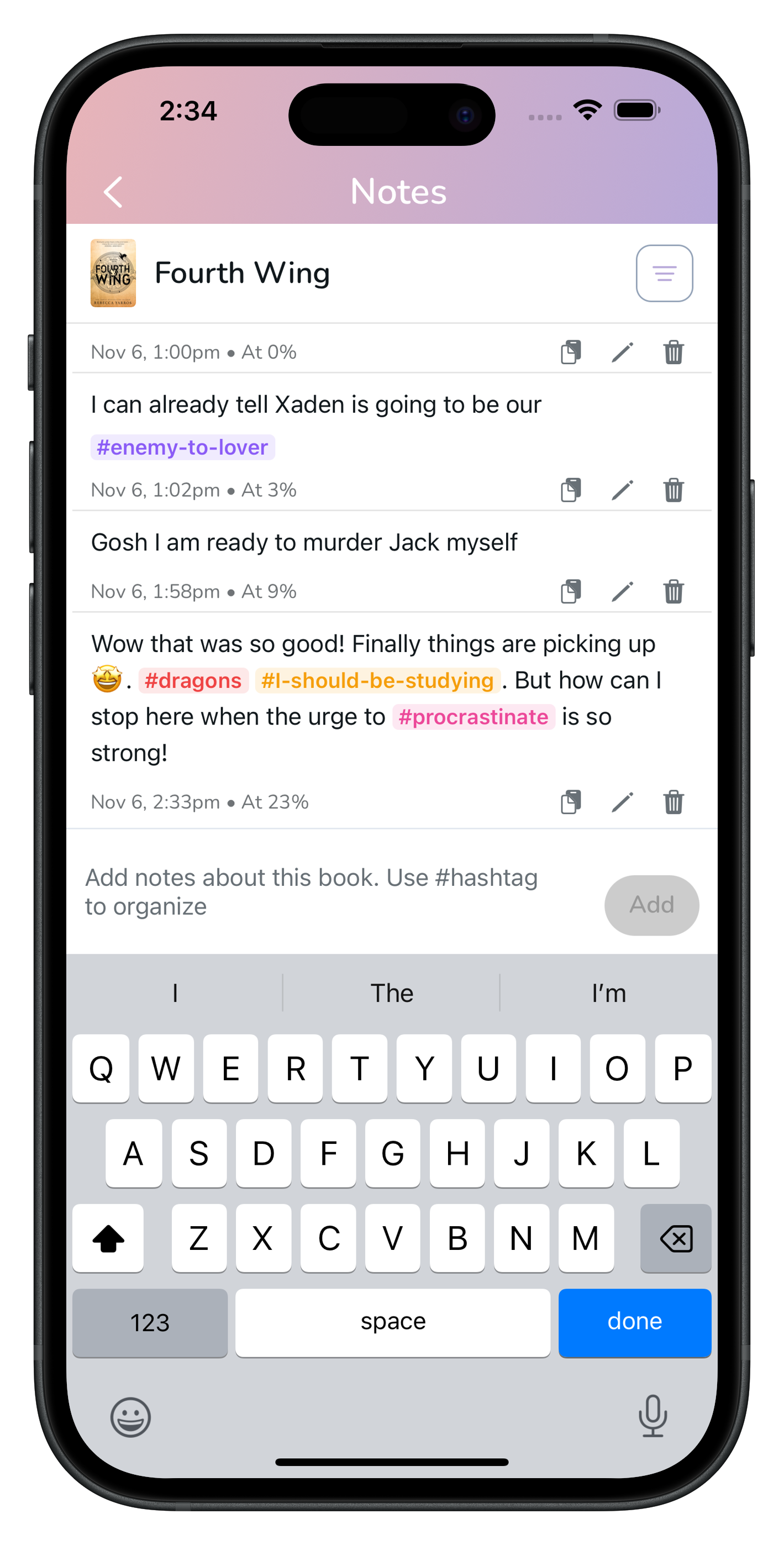 ShelfControl notes screen showing hashtag organization for categorizing books and reviews