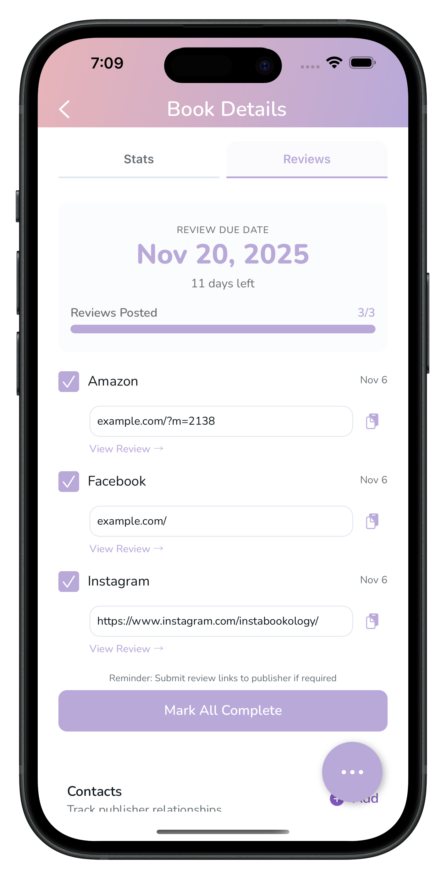 ShelfControl review tracking interface showing where you posted reviews