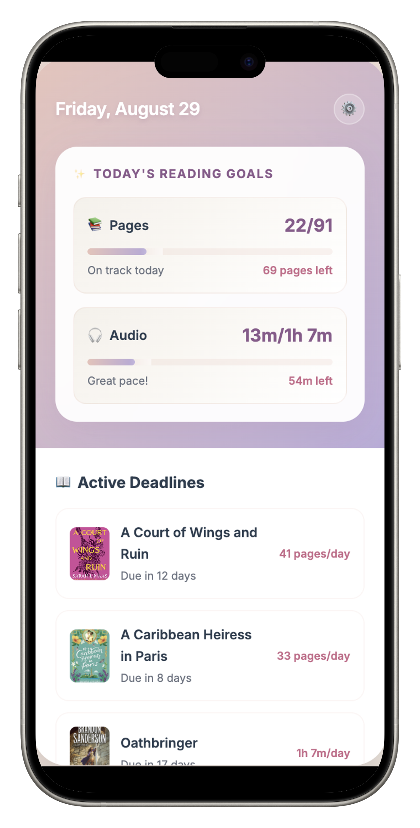 ShelfControl app showing reading goals and active deadlines